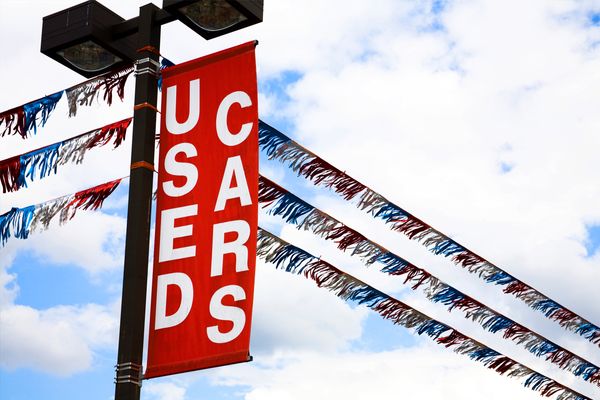 Used Cars flag over car lot