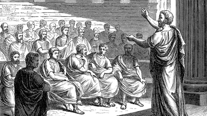 men debating in ancient Greece