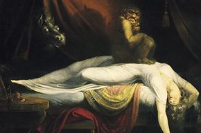 亨利·富塞利（Henry Fuseli）1781年的标志性画作中，一只砧骨蹲在梦想家的胸前；噩梦。”；＂width=