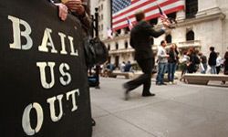 Protesters line up outside the New York Stock Exchange in October 2008, shortly after a stock crash caused many of the world's markets to close temporarily.
