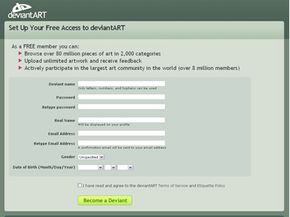 deviantART sign-up screen