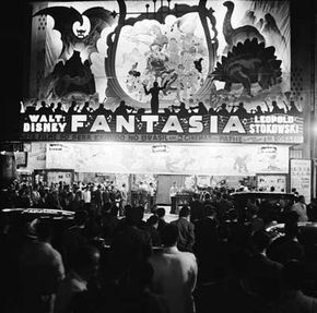 View of the crowd assembled to attend a screening of the Disney animated feature Fantasia in Rio de Janeiro, Brazil, 1941.