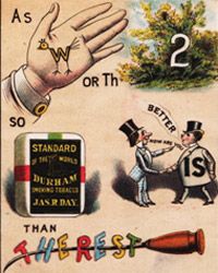 Victorian advertising trade card from the Durham Tobacco company using rebus puzzles for advertising their products, ca 1879.