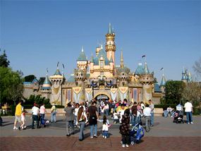 Disneyland Castle with 50th anniversary decorations.