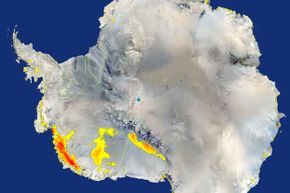 This image shows what a team of NASA scientists says is clear evidence that extensive areas of snow melted in west Antarctica (L) in January 2005 in response to warm temperatures. This was the most significant melt observed during in 30 years.