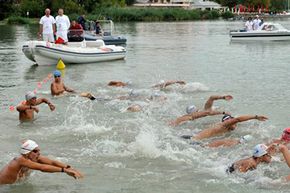 Competitors at the start of the men's 25km open water race of the European Swimming Championships at Lake Balaton in Balatonfuered, Hungary, on Aug. 7, 2010.