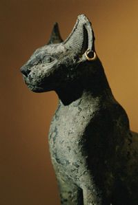 An Egyptian statue of a cat. The statue was uncovered from the ruins of Bubastis.