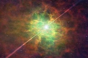 Pulsars are the dead cores of massive stars rotating on their axes, often hundreds of times per second. The pulsar's magnetic poles emit radio and optical radiation beams that flash across our line of sight, making the star appear to blink on and off.