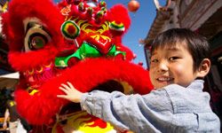 A boy meets a red and gold dragon during a Chinese New Year parade.