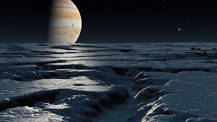 Some researchers believe that the icy landscape of Europa, Jupiter's moon depicted in this illustration, may be partially composed of ice VII. Mark Garlick/Science Photo Library/Getty Images