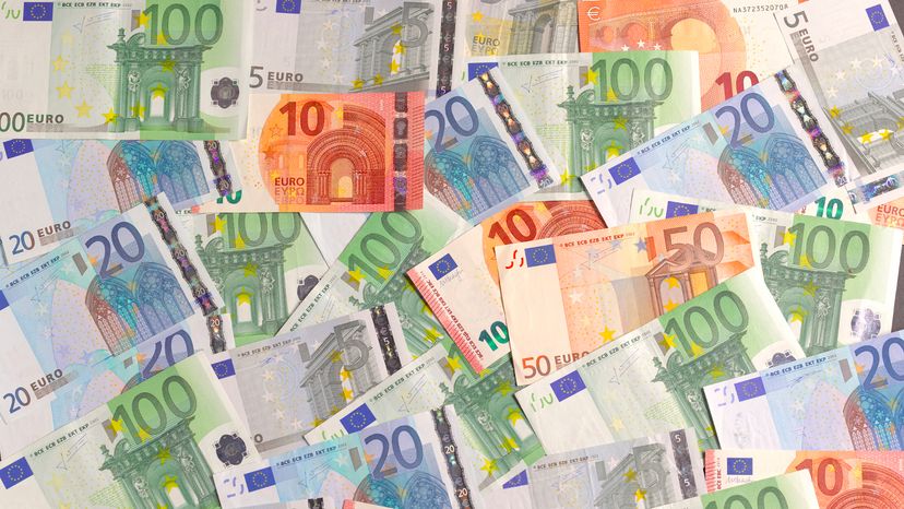European Union banknotes or euros spread out