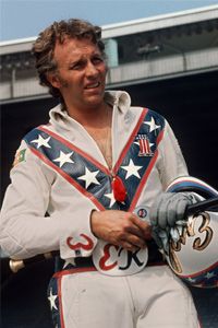 Daredevil motorcyclist Evel Knievel poses at the open-air Canadian national exhibition stadium in Toronto, Ont., on Aug. 20, 1974.