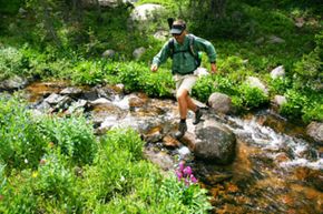 Person adventuring in forest while hiking outdoors.