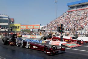 Even though drag strips are only a quarter-mile long or shorter, dragsters still reach speeds of over 300 mph (483 kph).