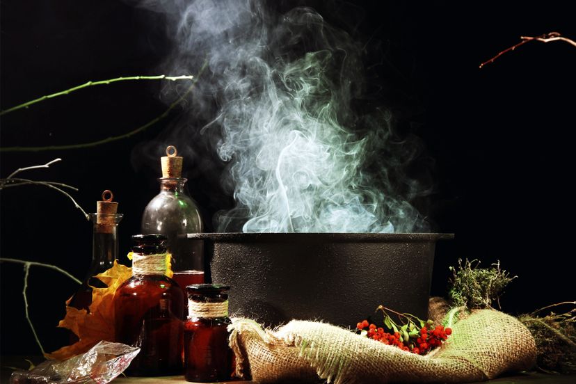 A witch's cauldron and materials.