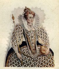 伊丽莎白女王一世（Queen Elizabeth I）在1588年的西班牙舰队击败之际在这里描绘了12年后的东印度公司。“border=