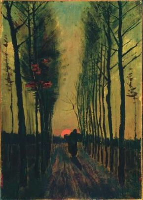 Vincent van Gogh’s Lane of Poplars at Sunset is an oil on canvas (18x12-3/4 inches) housed in the Kröller-Müller Museum in Otterlo, Netherlands.
