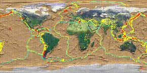 这张地图显示了地球构造板块的边界。大多数地震和火山都沿着板块边界发生。＂width=