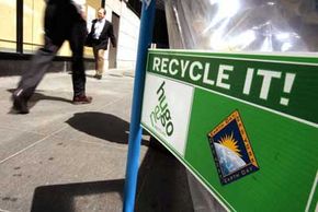 Recycling bins are placed on the street to celebrate the 35th anniversary of Earth Day in New York City.