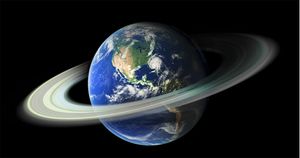 An illustration of Earth with Saturn-like rings, as viewed from space.