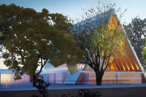 In this illustration, you can see the cardboard cathedral designed by Japanese architect Shigeru Ban. The temporary structure, which also uses timber, steel and a concrete base, will accommodate 700 patrons while a permanent cathedral is built.