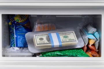 stack of cash in freezer