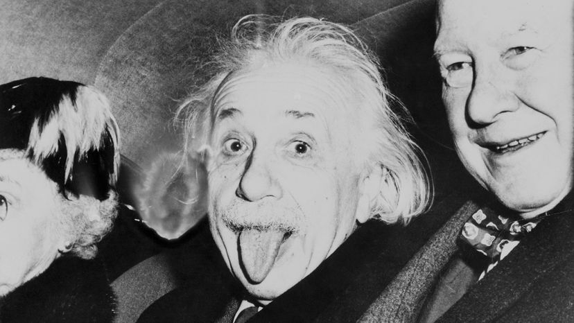 A close-up of Einstein sticking his tongue out at the camera.