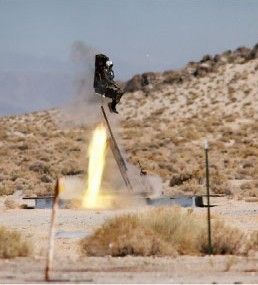 An ejection seat is test-fired at NASA to analyze the seat's ability to perform a zero-altitude, zero-velocity ejection.