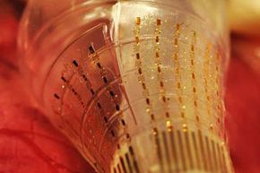 It's not going on your skin. It's going in your heart. Here we see stretchable electronics mounted on the elastic surface of a balloon catheter.