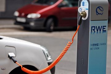 A charging point for electric cars is seen at the headquarters of energy supplier RWE in Essen, western Germany.