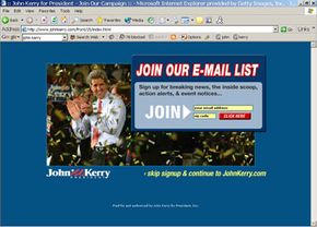 Politicians like John Kerry, above during the 2004 presidential election, can use e-mail lists to reach potential voters.