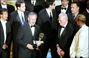 Stephen Spielberg accepting an Emmy for "Band of Brothers" in 2002”border=