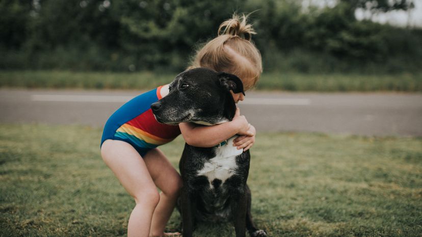 child hugging dog