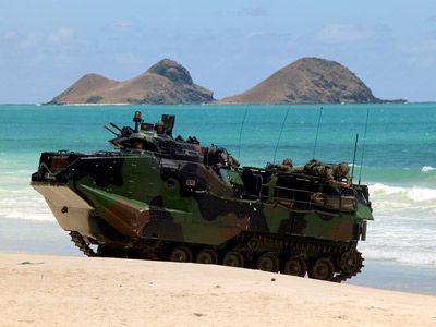 When a large amphibious assault vehicle rolls up on a beach, it's bound to displace a fair amount of sand.