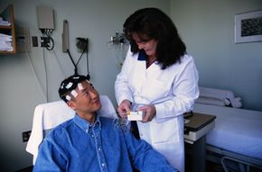 A patient prepares for an EEG.