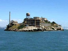 Alcatraz in 2005, as seen from a boat in the San Fransisco Bay.