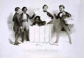 An 1850 engraving of Henry "Box" Brown emerging from his box in the office of the Pennsylvania Anti-Slavery Society. Frederick Douglass is shown on the left.”border=