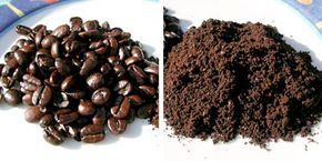 Coffee beans (left) and ground coffee(right). The beans are ground very finely -- much finer than for drip coffee makers. Note that the consistency is almost like powdered sugar.