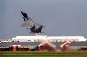 An F-15's high thrust-to-weight ratio and low wing loading let it shoot off the ground at a sharp angle.