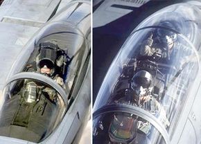 The cockpit in the F-15 Strike Eagle (on the right) has an extra station for the weapons systems officer.