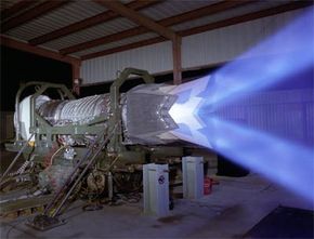 F-22 engine test: The two blue streams show the up/down vertical angle the engine can achieve.