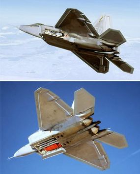 Top: Side weapons bay holding AIM-9 Sidewinders, extended for firing Bottom: Main weapons bay holding AIM-120s