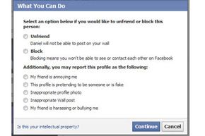 When you click the link to report or block a user, Facebook prompts you to select from these options.
