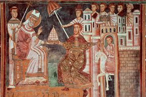 Fresco depicting the donation of Constantine in the Chapel of St. Sylvester, Basilica of Four Crowned Saints, Rome, Italy.