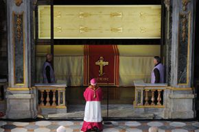 The Shroud of Turin on display in the Turin Cathedral on March 30, 2013.