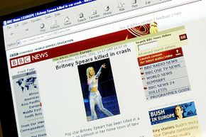A website, falsely identifying itself as &quot;BBC News,&quot; with links connecting it to the real BBC News, reports the death of pop singer Britney Spears, June 13, 2001.