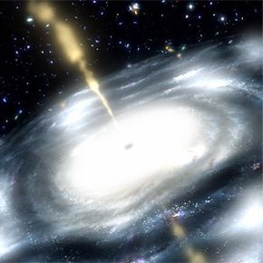 This illustration shows a galaxy with a supermassive black hole at its core. That galactic bad boy at the center is shooting out jets of radio waves.