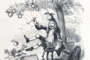 Contrary to popular belief (and this illustration), Sir Isaac Newton did not discover the theory of gravity after being bonked on the head by an apple.