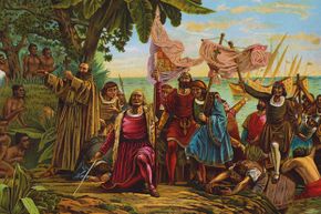 This painting shows Christopher Columbus landing on San Salvador (in what is now the Bahamas). Columbus thought he'd reached India.