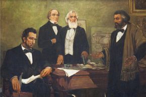 This close-up of a mural, titled ‘'Douglass Appealing to President Lincoln' by William Edouard Scott, 1943, depicts Frederick Douglass (right) petitioning for the participation of African-Americans in the Union Army during the U.S. Civil War.